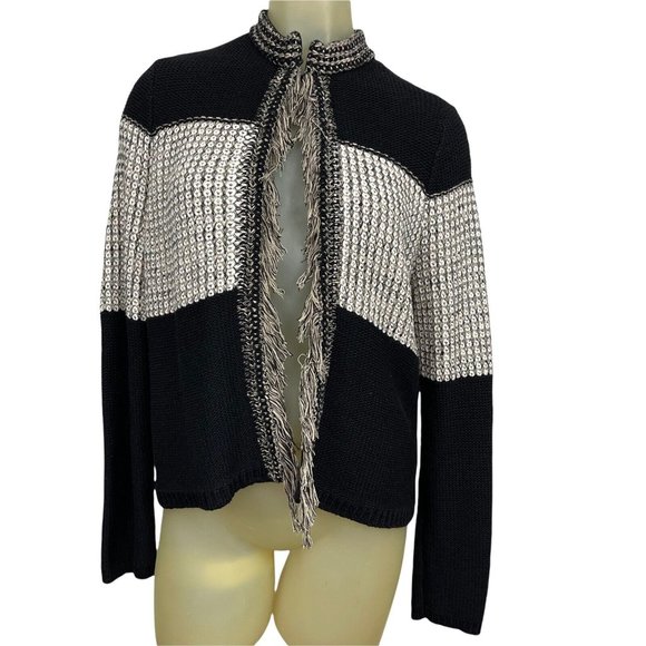 Chico's 1 Women's Arlene Cardigan Sweater black beige Cotton Size Medium Fringe - Picture 2 of 9